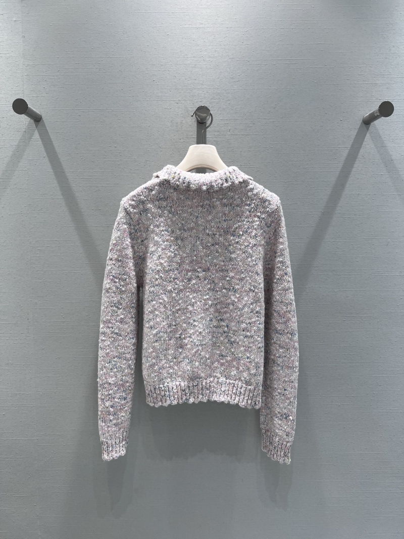 Chanel Long-Sleeve Knit Cardigan Sweater in Off-White Pastel Speckled Tweed with Collared Neckline and Gold-Tone Buttons
