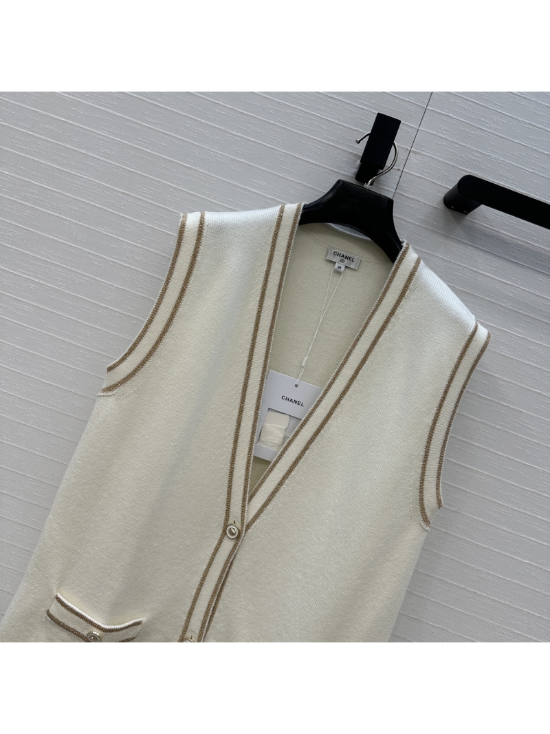 Chanel Imported Yarn Knit V-Neck Vest Cardigan, White & Gold Thread Detailing, Single-Breasted H-Line Silhouette, 26C Collection