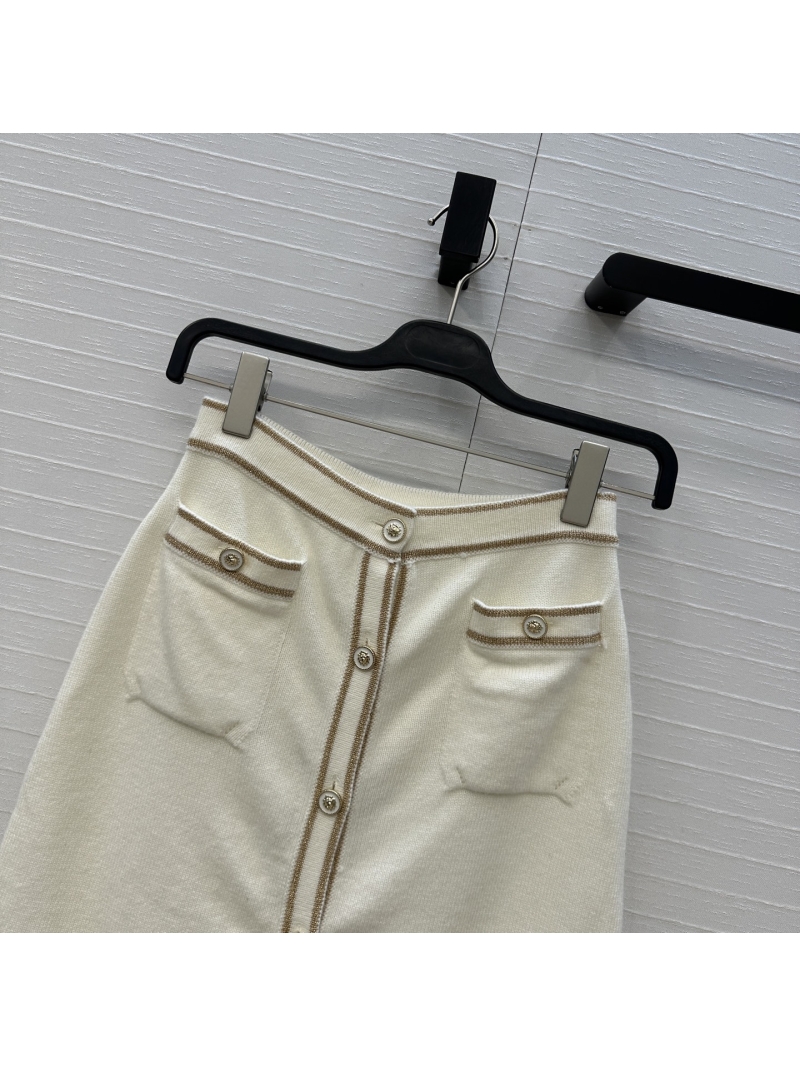 Chanel White and Gold Metallic Knit A-Line Skirt with Imported Yarn and Ornate Button Details