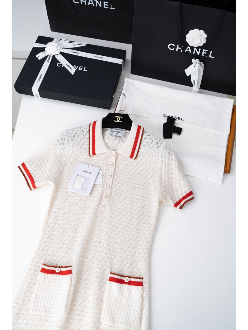 CHANEL Exquisite Knitted Polo Dress, Ivory Pointelle Knit, Red Contrast Trim, Signature Double-C Detail