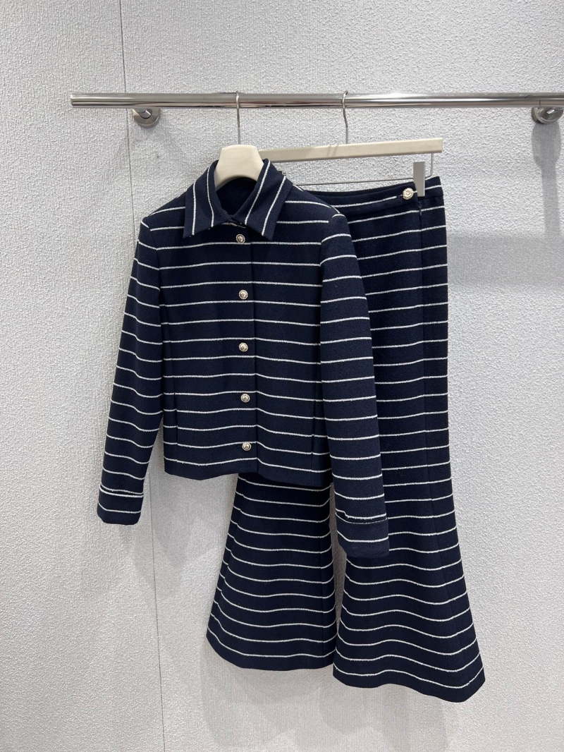 Chanel Timeless Navy Stripe Tweed Suit Set | Cropped Jacket & Flared Pants | Signature Gold Buttons