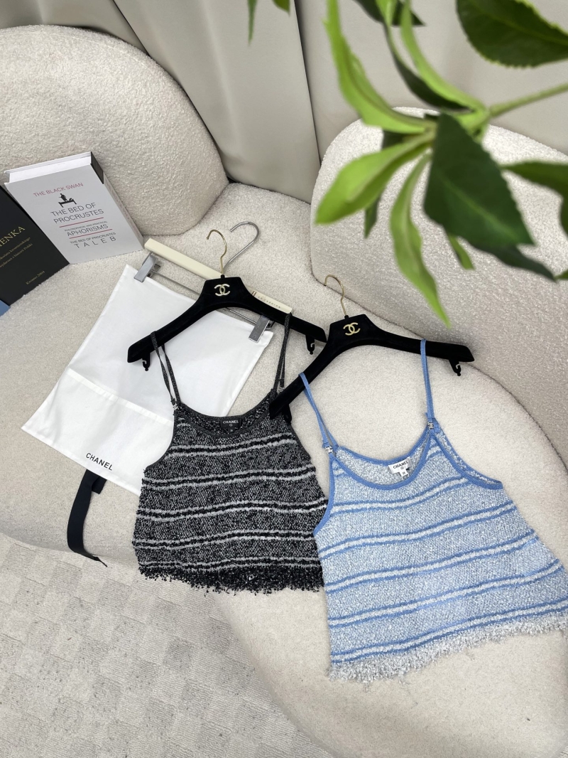 Chanel Textured Knit Fringed Camisole Top in Sky Blue and Charcoal