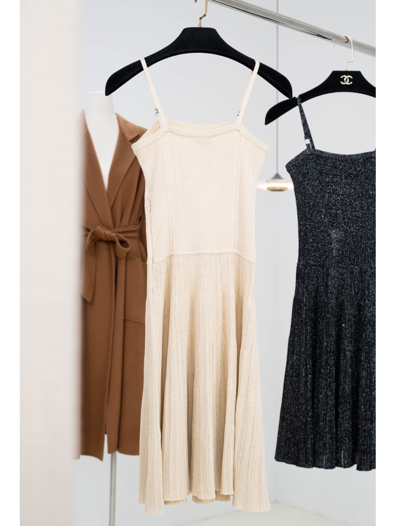 Chanel Signature Knit Camisole Dress with CC Logo Straps - Beige
