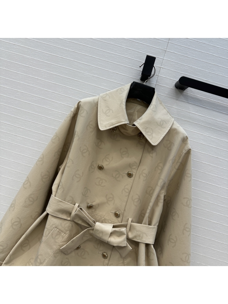 Chanel Silk-Cotton Tone-on-Tone Jacquard Short Trench Coat in Beige