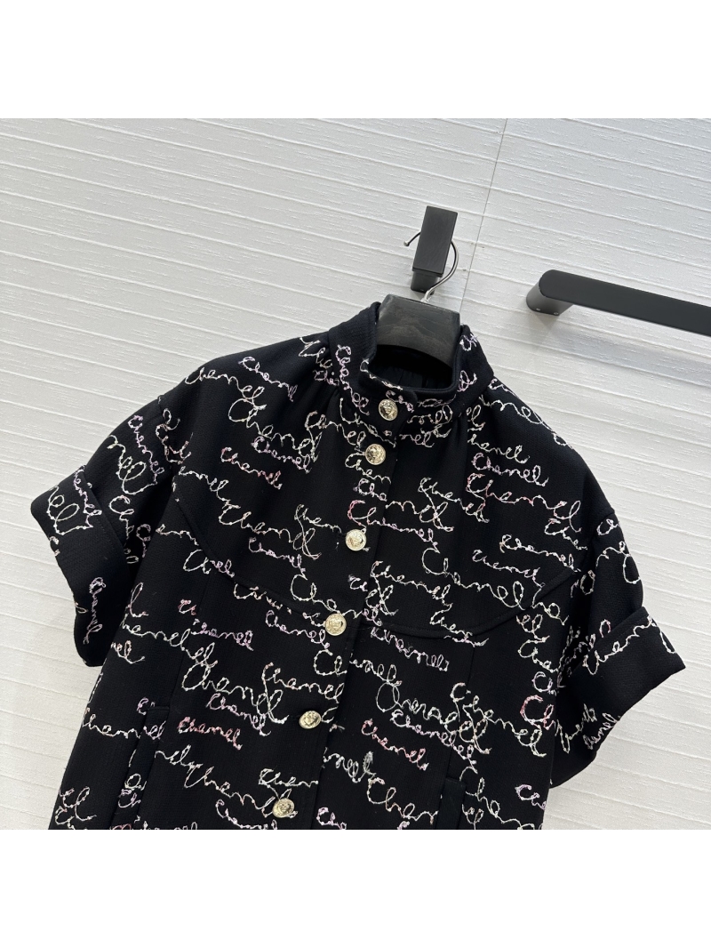 Chanel Sequin Graffiti Embroidery Short-Sleeve Blouson Jacket in Black