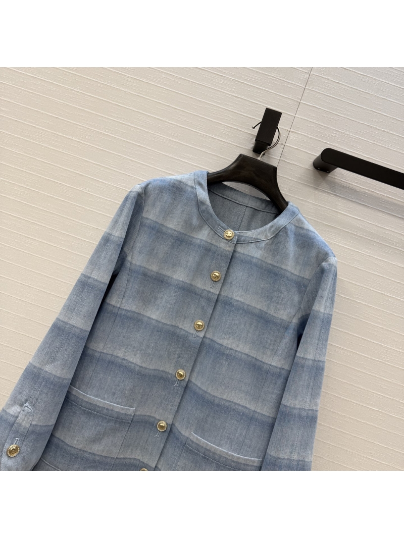 Chanel Shimmer Striped Lightweight Denim Round-Neck Jacket