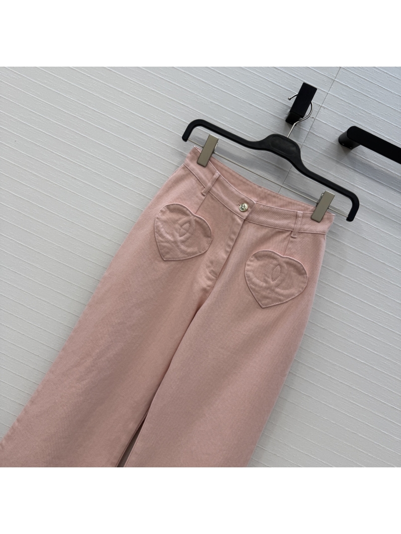 Chanel Enzyme-Washed Heart-Pocket Double-C Flare Denim Trousers in Blush Pink