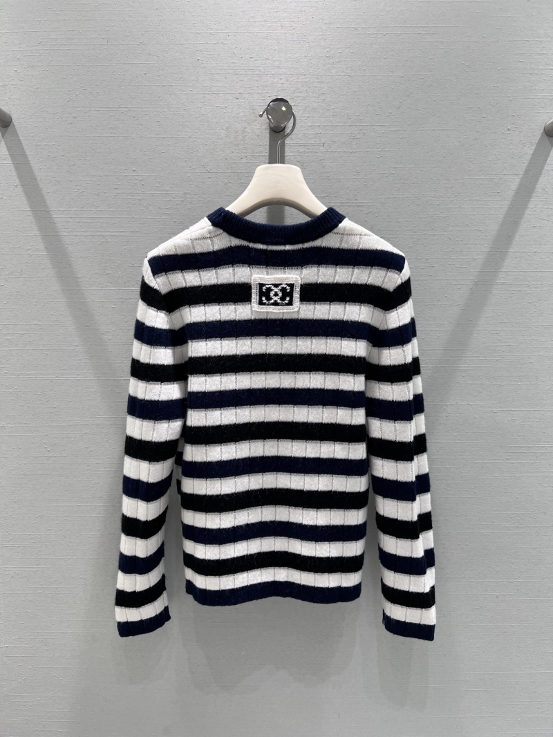 Chanel Striped Ribbed Knit Crewneck Sweater in Navy and White
