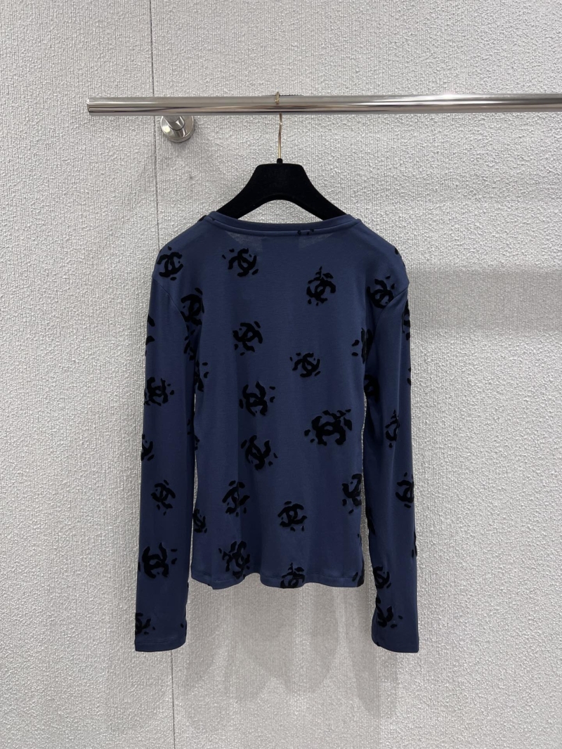 Chanel Long-Sleeve Flocked Monogram Stretch Knit Top in Slate Blue