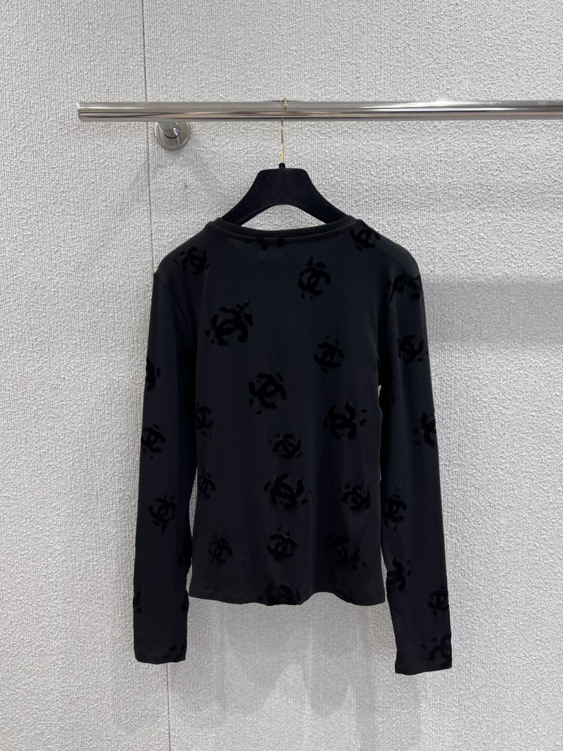 Chanel 25B Metiers d'Art Signature Double C Flocked Knit Long Sleeve Top Black