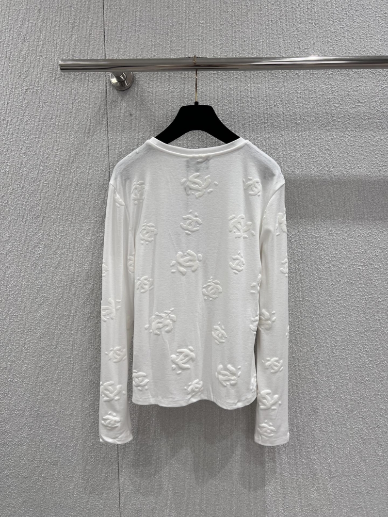 Chanel Flocked Double C Logo White Long-Sleeved Knit T-Shirt