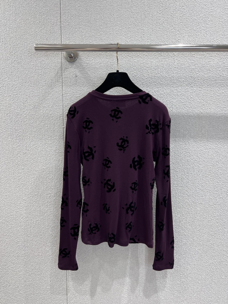 Chanel Double C Flocked Long-Sleeved Knit Top in Deep Plum