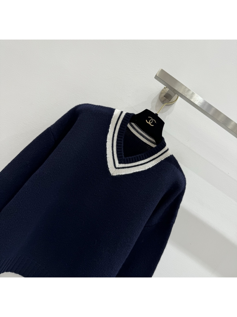 Chanel Collegiate V-Neck Goat Wool Sweater in Deep Navy