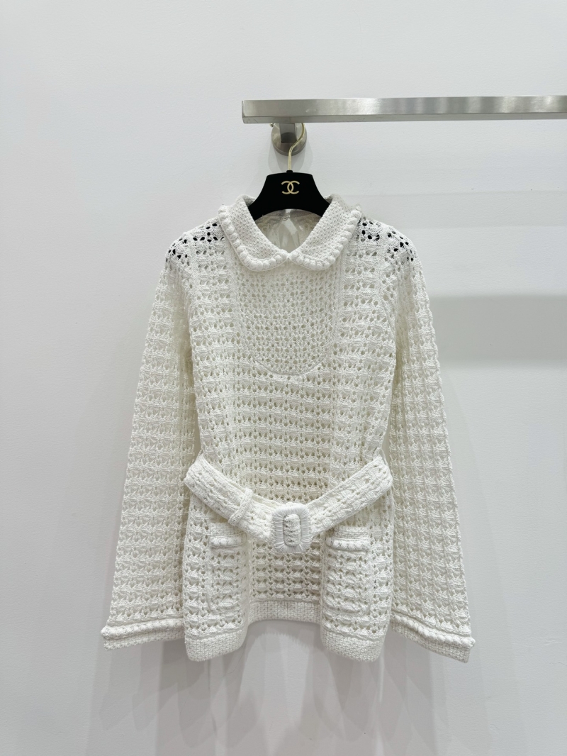 Chanel Limited Edition Handcrafted Crochet Peter Pan Collar Belted Knit Cardigan in Ivory White - Features Hand-stitched Intricate Open-work, Textured Peter Pan Collar, and Signature Matching Belt - Minimalist Parisian Elegance - Chanel Crochet Knit, Luxu