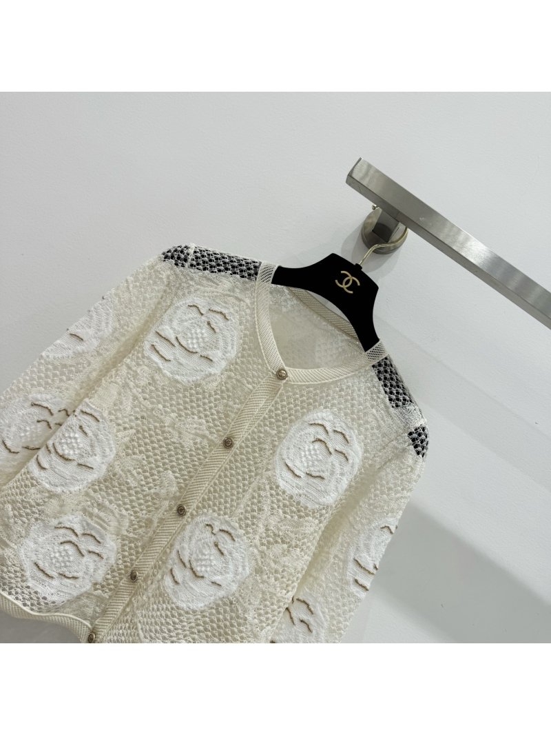 Chanel Camellia Jacquard Openwork Cardigan in Ivory White