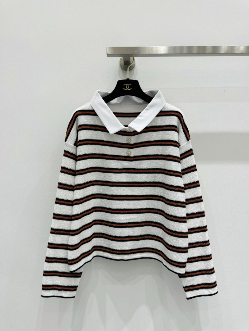 Chanel Striped Long-Sleeved Knit Polo Shirt in White, Rust-Brown and Black