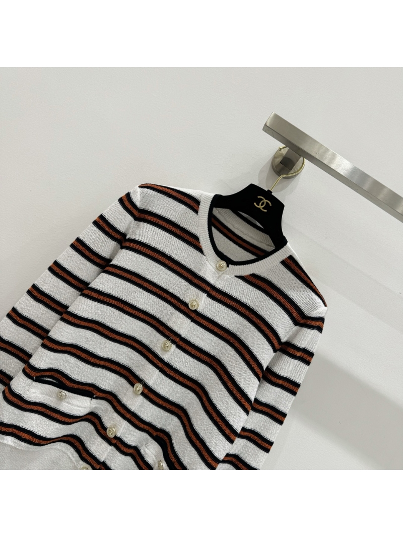 Chanel Striped Round Neck Knit Cardigan with Gold-Tone Buttons - White/Black/Copper