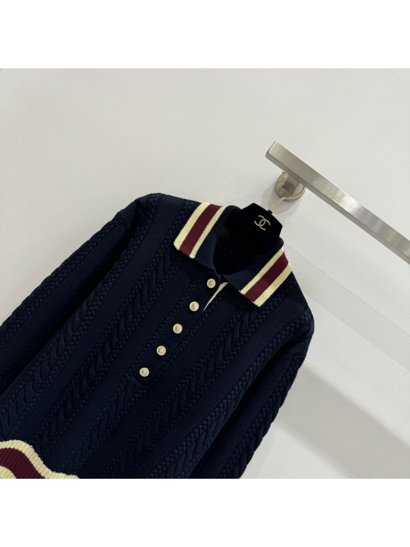 Chanel Navy Blue Cable-Knit Cashmere Polo Sweater with Signature Gold Buttons