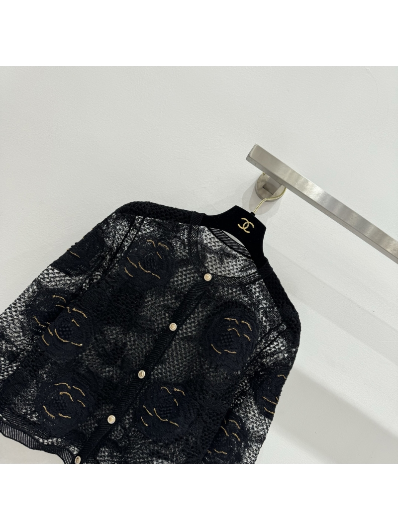 Chanel Camellia Jacquard Openwork Cardigan - Black & Gold Metallic Knit