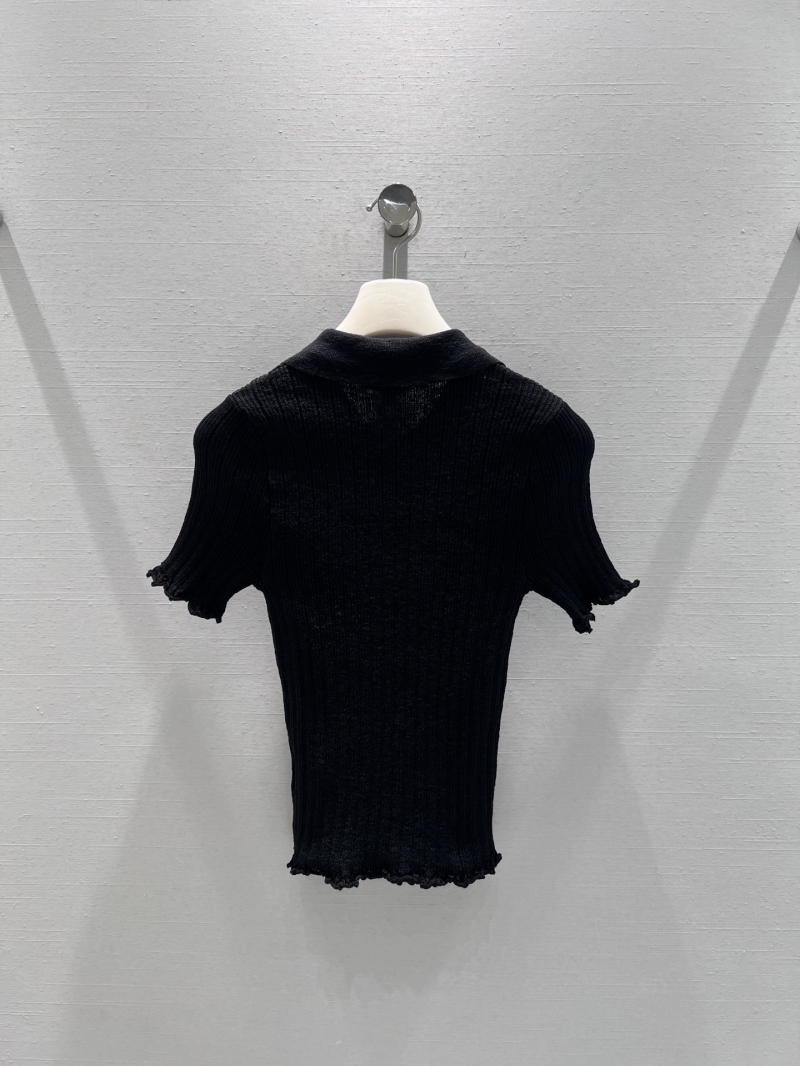 Chanel Black Ribbed Knit Polo Top - Signature Ruffled Edge 2026SS Collection