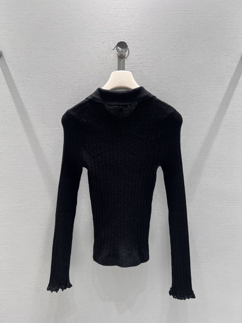 Chanel Signature Ribbed Knit Polo Long-Sleeved Top in Black