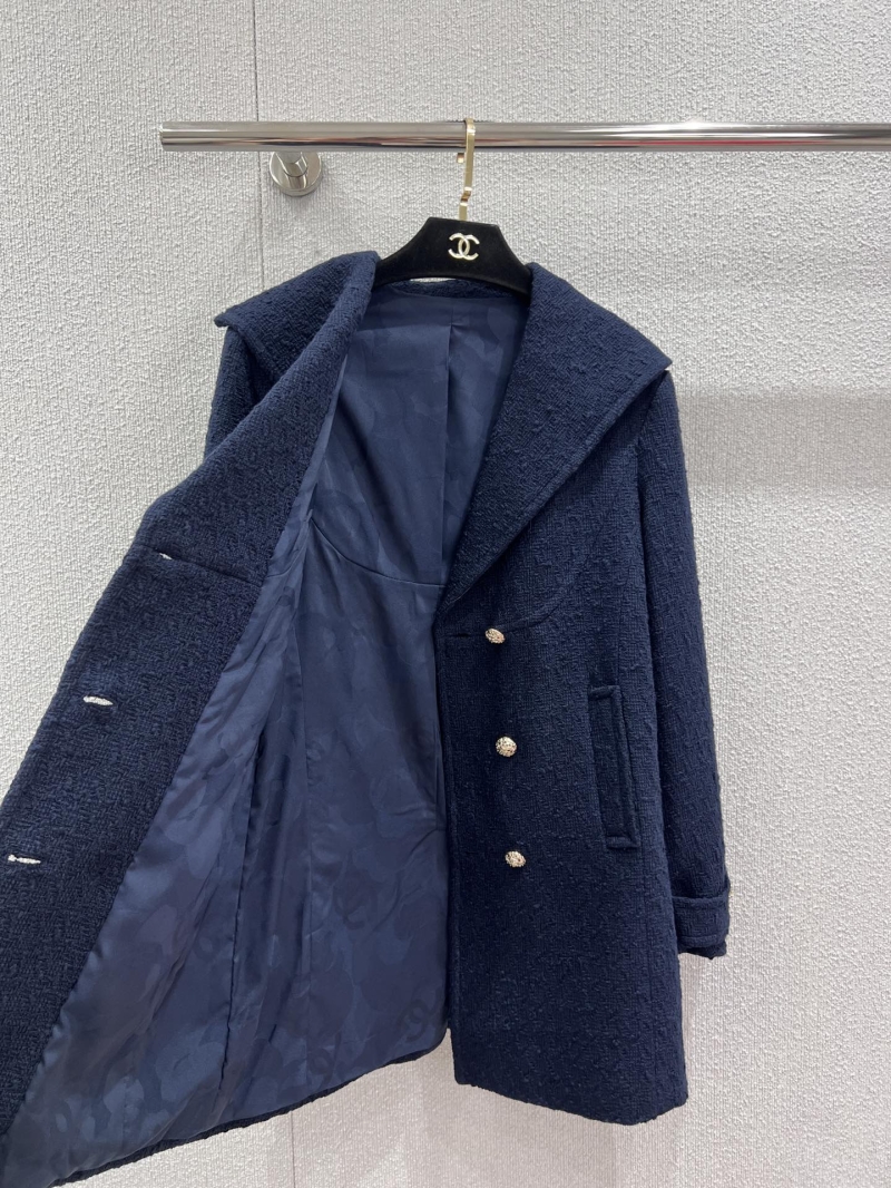 Chanel Signature Navy Tweed Double-Breasted Coat with Opulent Gold Buttons