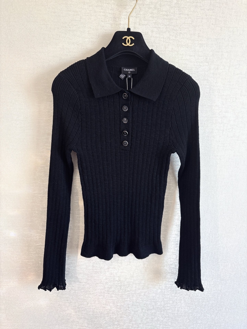 Chanel Black Rib-Knit Polo Long-Sleeve Top with Signature CC Buttons