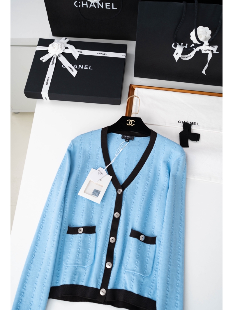 Chanel Contrast Trim V-Neck Knit Vest in Sky Blue