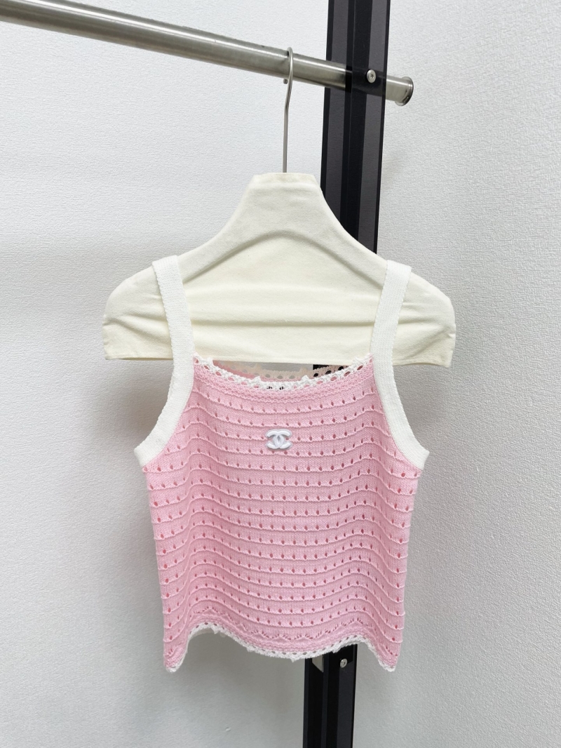 Chanel Pointelle Knit Contrast Trim Camisole - Exquisite CC Logo Scalloped Tank Top in White and Pink