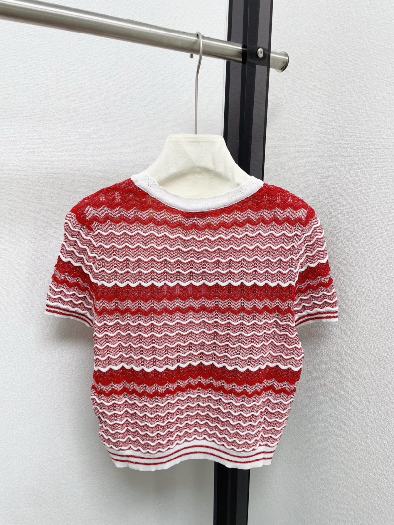 Chanel Zig-Zag Wave Contrast Knit Short Sleeve Top - Red/White