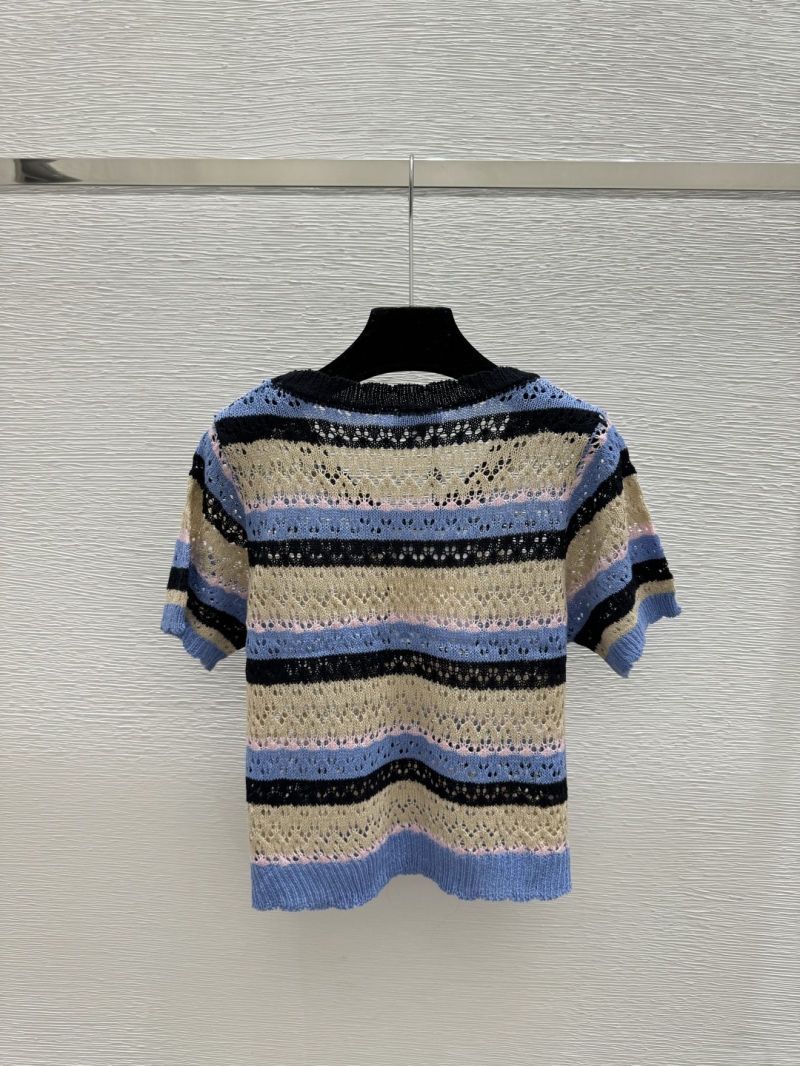 Chanel Signature CC Striped Pointelle Knit V-Neck Top in Sky Blue Multi