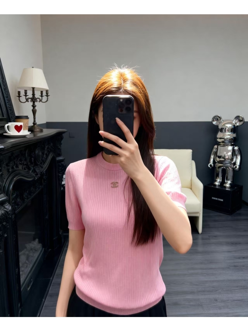 Chanel Signature CC Logo Textured Knit Short-Sleeve Top in Black, Pink, and White