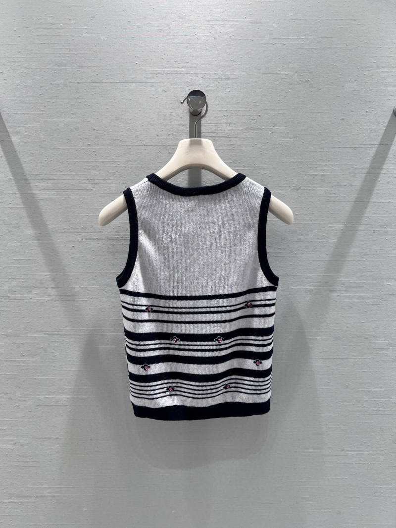 Chanel Striped Knit Tank Top with CC Embroidery and Floral Appliqués in Navy and Cream