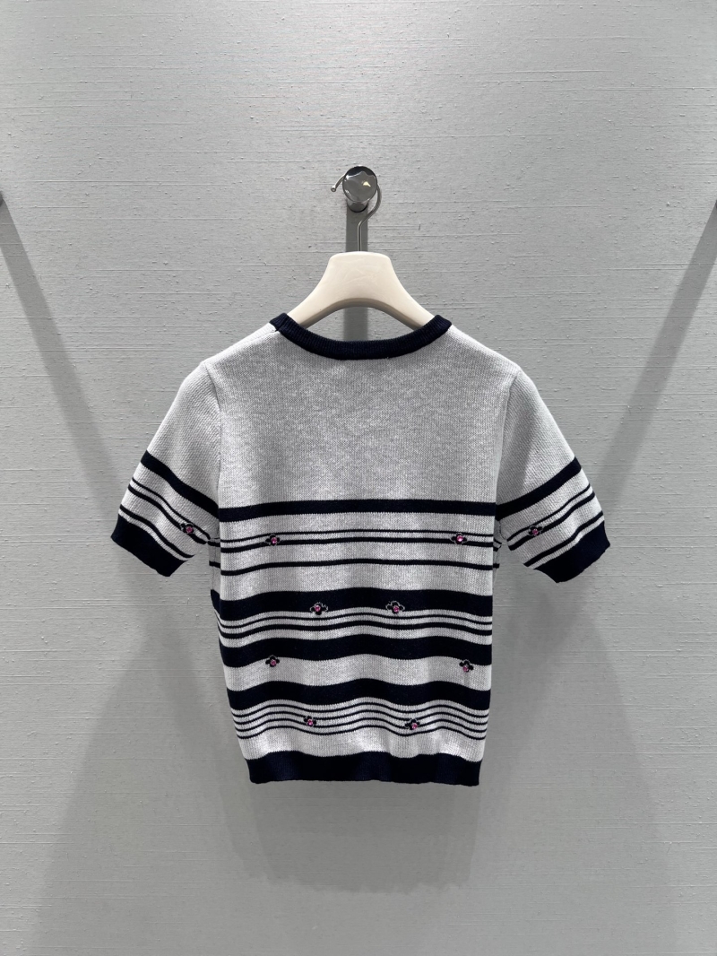 Chanel Striped Knit Short-Sleeve Top - Ivory and Navy with Crystal Floral Embellishments