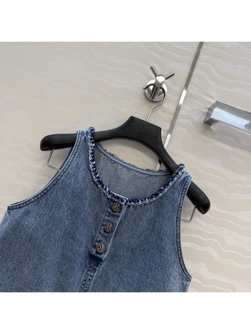 Chanel Organic Cotton Denim Artisan Chain-Trimmed Cropped Vest in Vintage Washed Blue