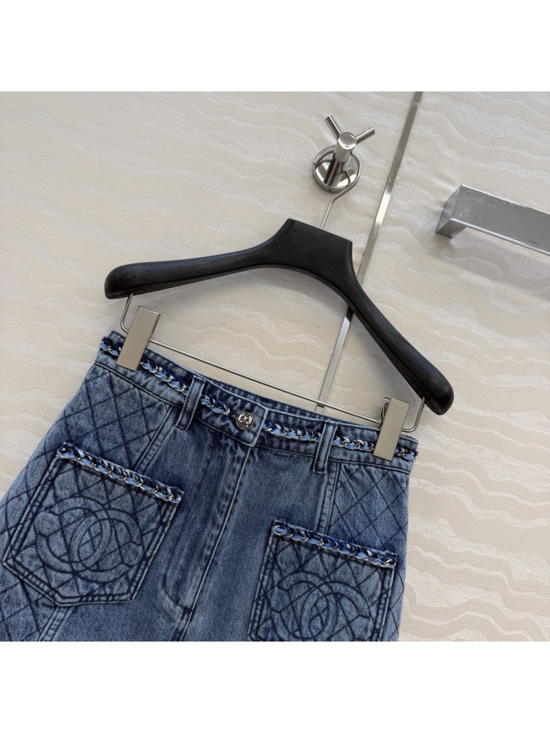 Chanel Vintage Organic Cotton Enzyme Wash Denim Mini Skirt with Hand-Woven Chain Trim