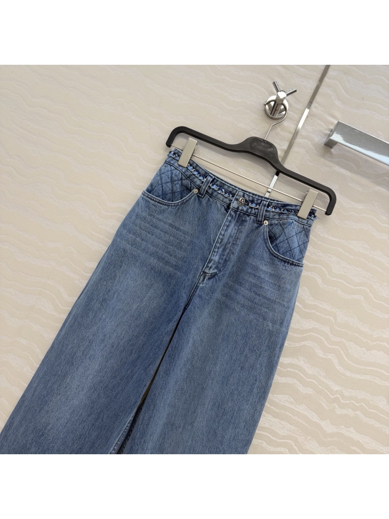 Chanel Organic Cotton Vintage Washed Wide-Leg Jeans with Hand-Woven Chain Detail