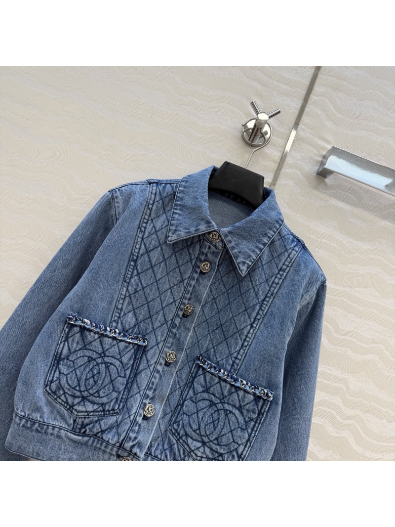 Chanel Organic Cotton Quilted Vintage-Wash Denim Jacket with Hand-Woven Chain Trim