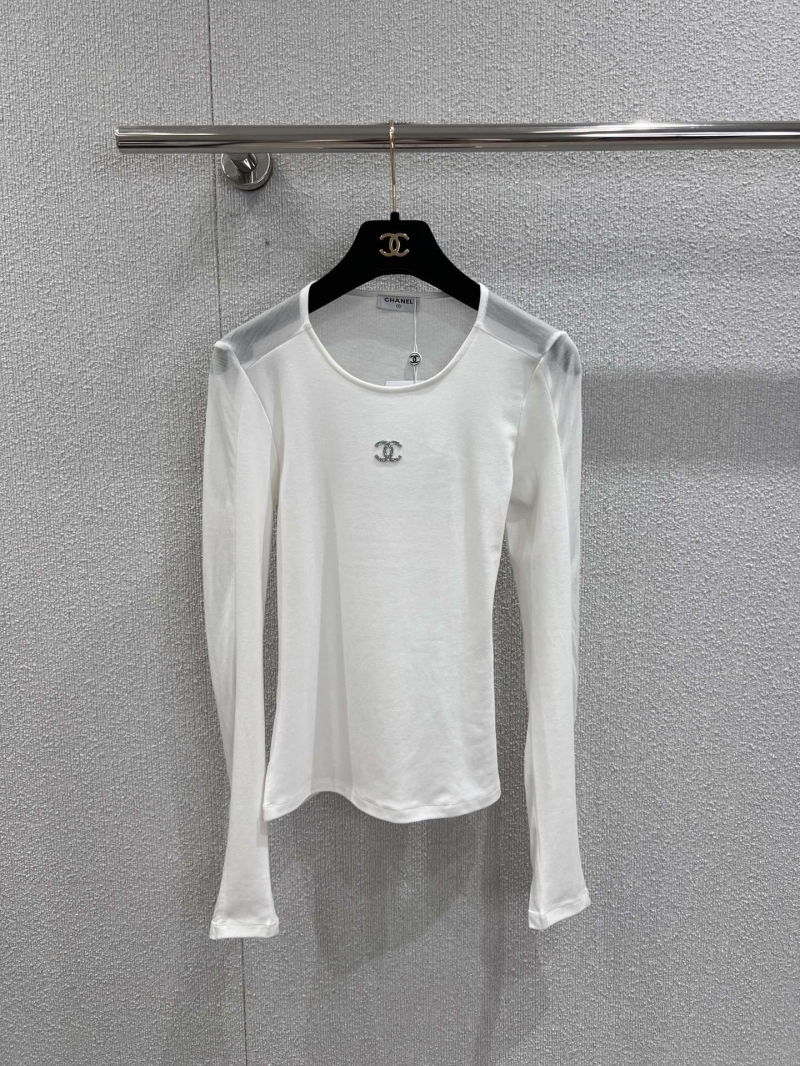 Chanel Long-Sleeved Mesh-Paneled T-Shirt in White with Signature CC Logo