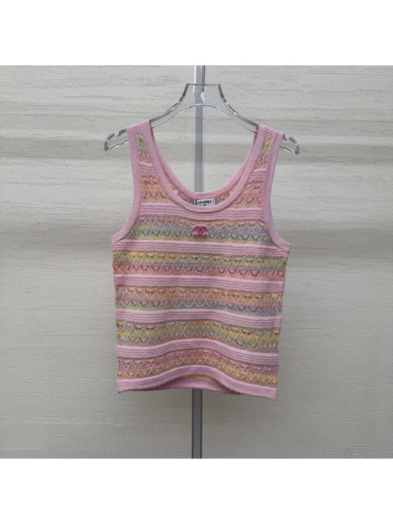 Chanel Pastel Striped Pointelle Knit Vest with Signature CC Logo