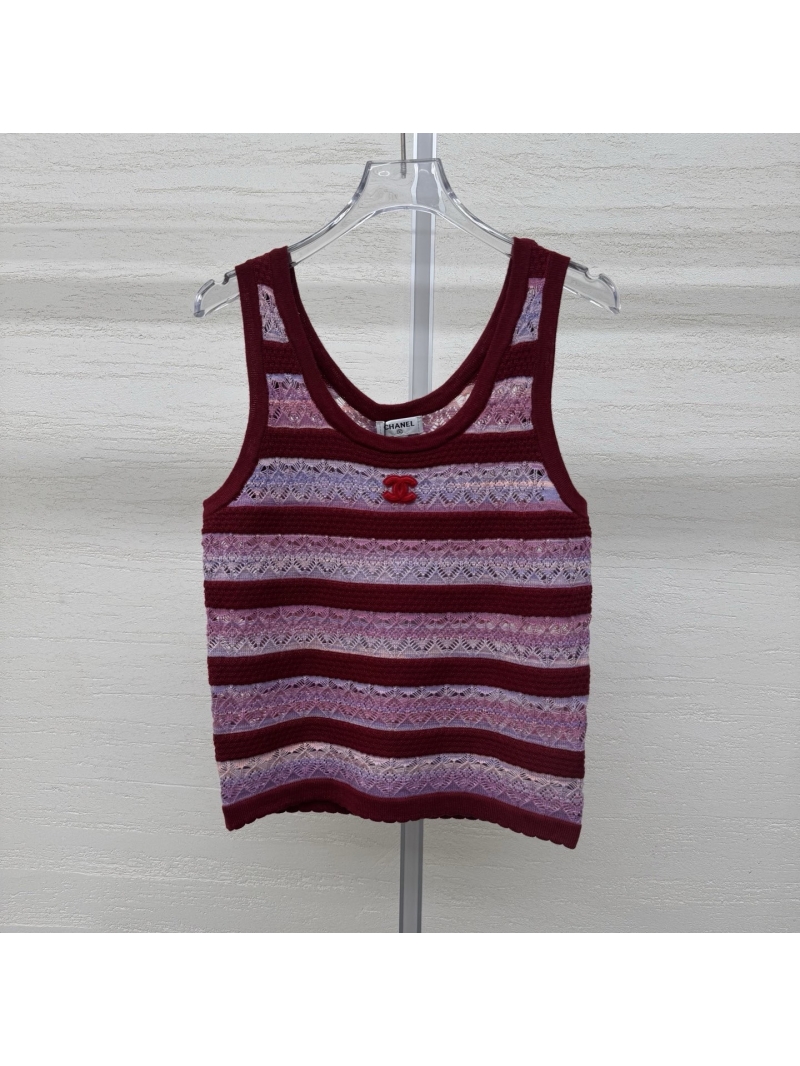 Chanel Signature CC Pointelle Knit Tank Top in Burgundy and Pastel Stripes