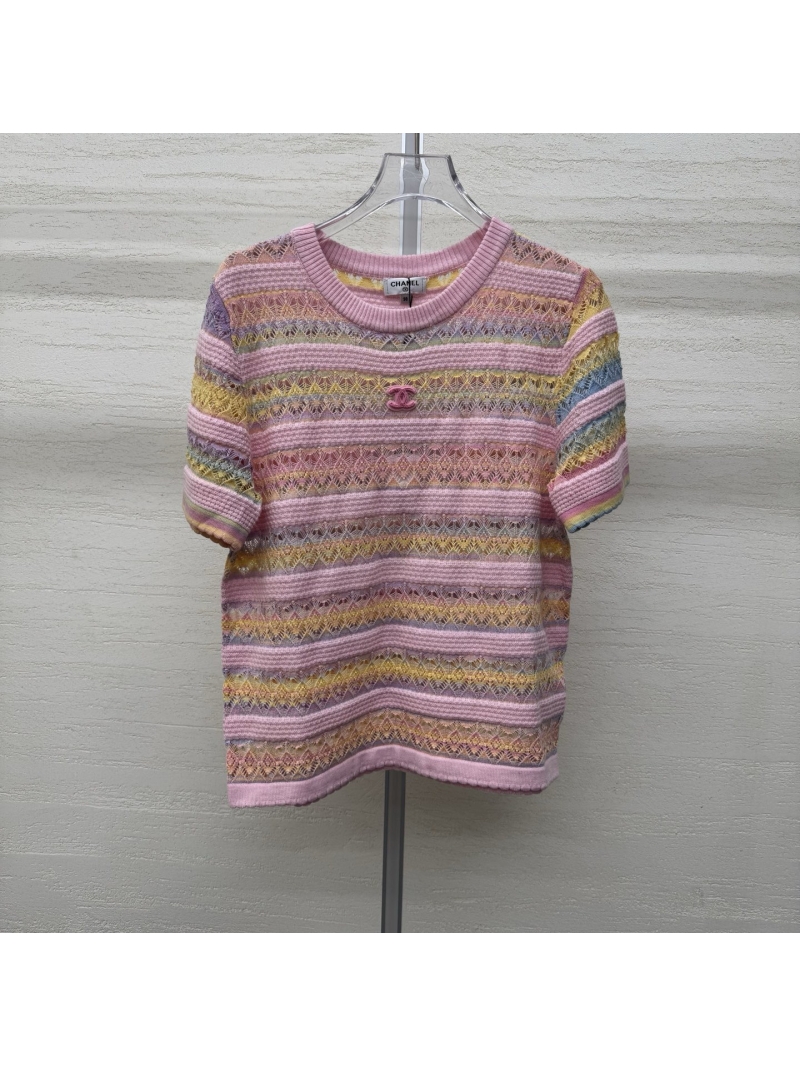Chanel Pointelle Knit Short-Sleeve Top - Pastel Rainbow Stripes, Signature CC Logo, Breathable Luxury Summer Sweater