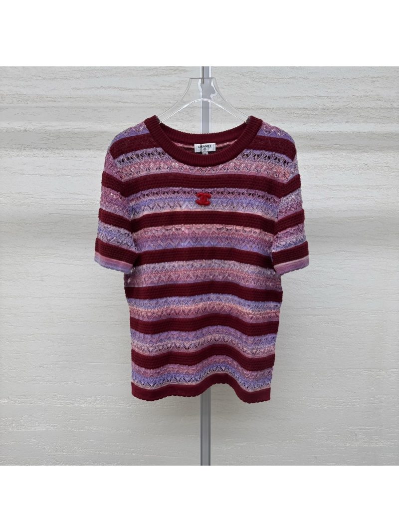 Chanel Signature Pointelle Knit Striped Short-Sleeve Top in Burgundy and Lilac