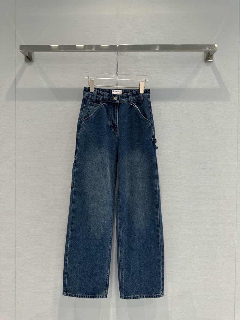 Chanel High-Waisted Wide-Leg Carpenter Jeans in Washed Indigo Blue - Bow Series