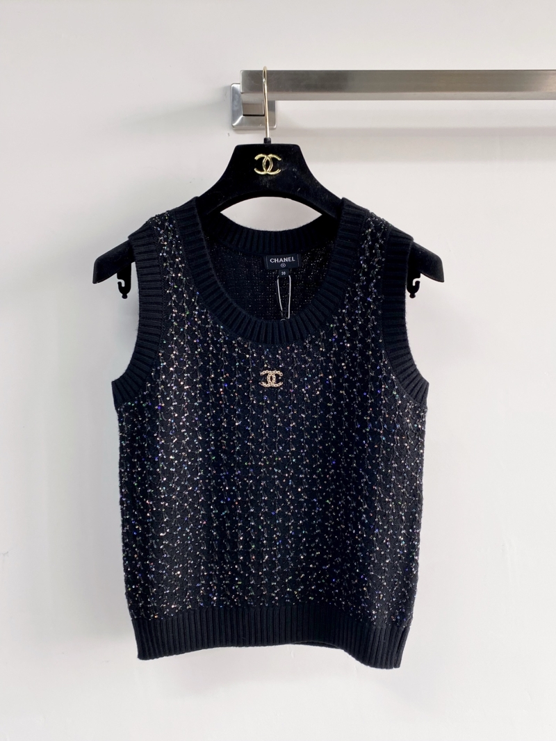 Chanel Iridescent Sequin Knit Vest - Black with Gold CC Logo