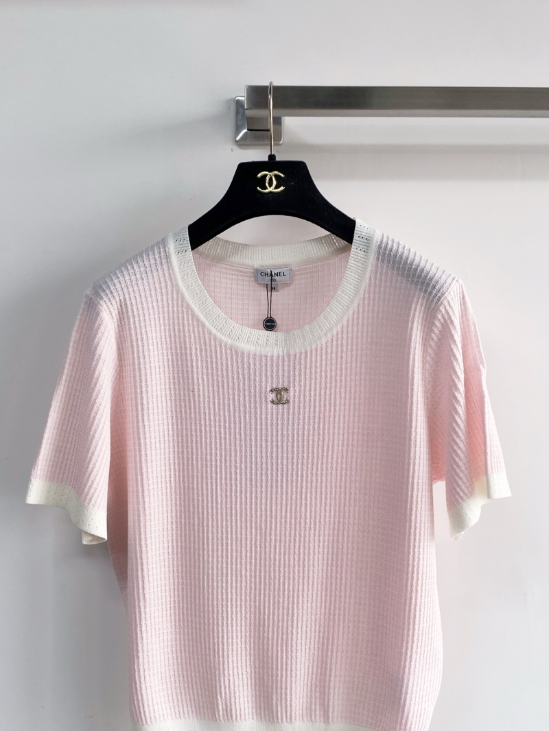 Chanel Ribbed Knit Short-Sleeve Top in Pale Pink with White Trim