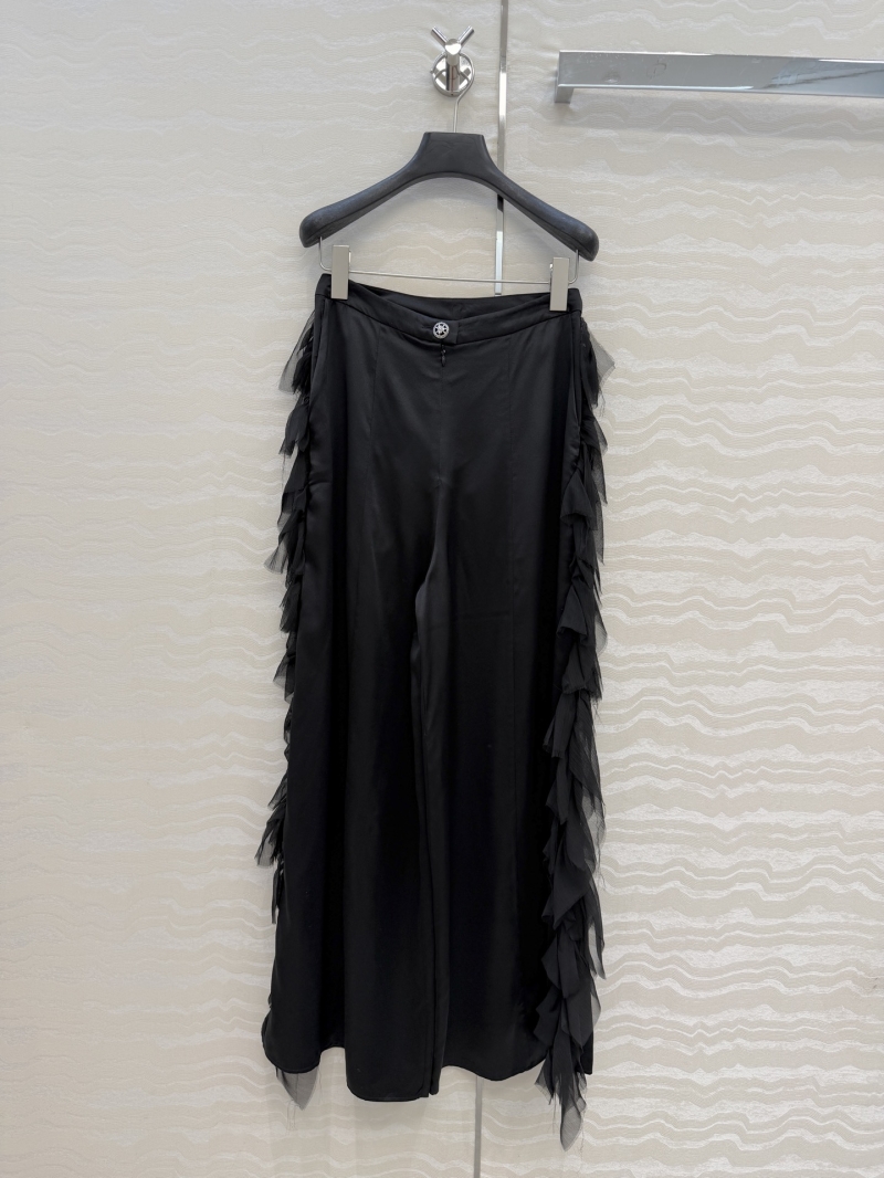 Chanel 100% Silk Satin Wide-Leg Trousers with Artisanal 3D Feather Trim