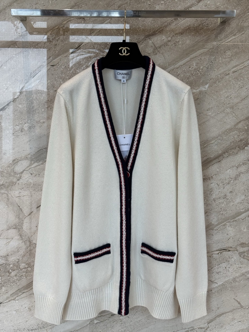 Chanel Signature V-Neck Wool Blend Cardigan in Cream with Contrast Trim
