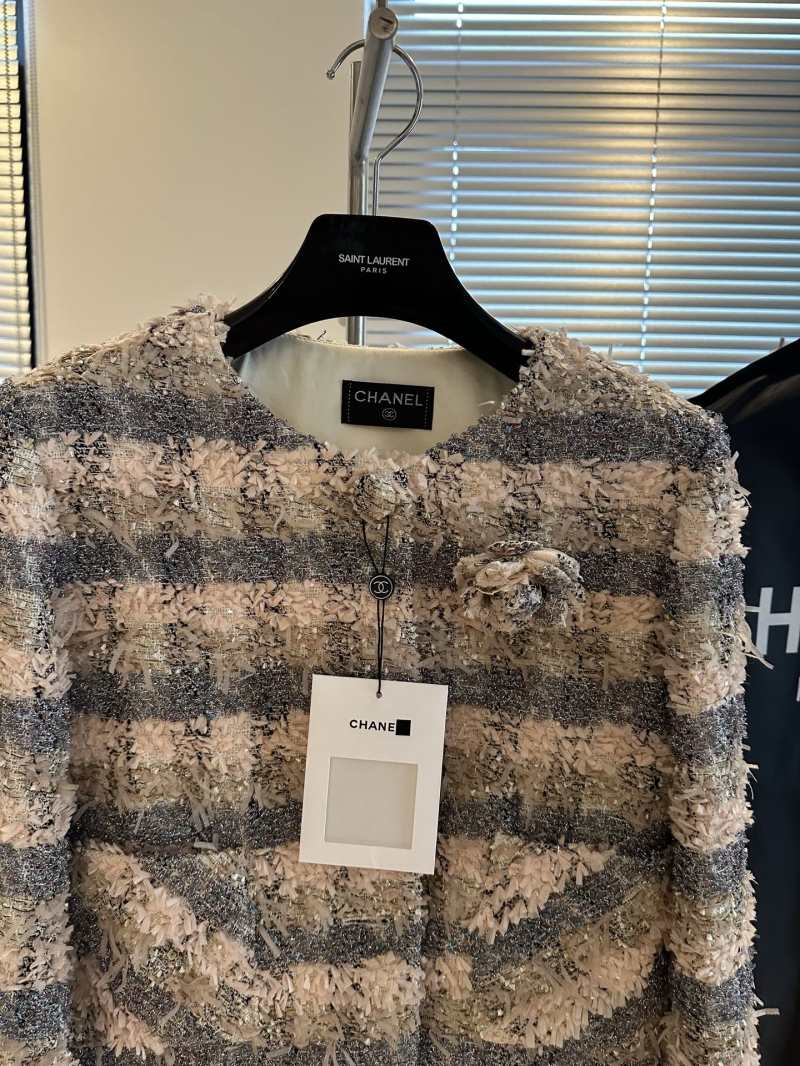 Chanel Shimmering Woolen Tweed Striped Jacket in Light Champagne and Silver-Grey