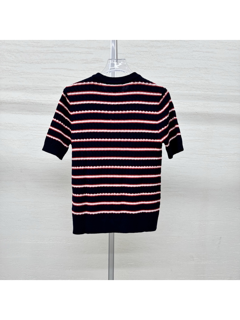 Chanel Striped Ribbed Knit Henley Top in Navy and Red